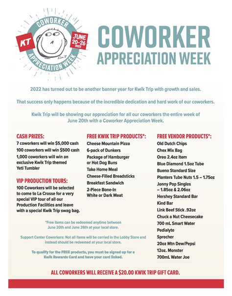 Kwik trip coworker appreciation week 2023 - Kwik Trip also contributes directly to employees’ retirement plans to help them build future savings, and gave every co-worker a 4.2% deposit into their 401K retirement plan last year.